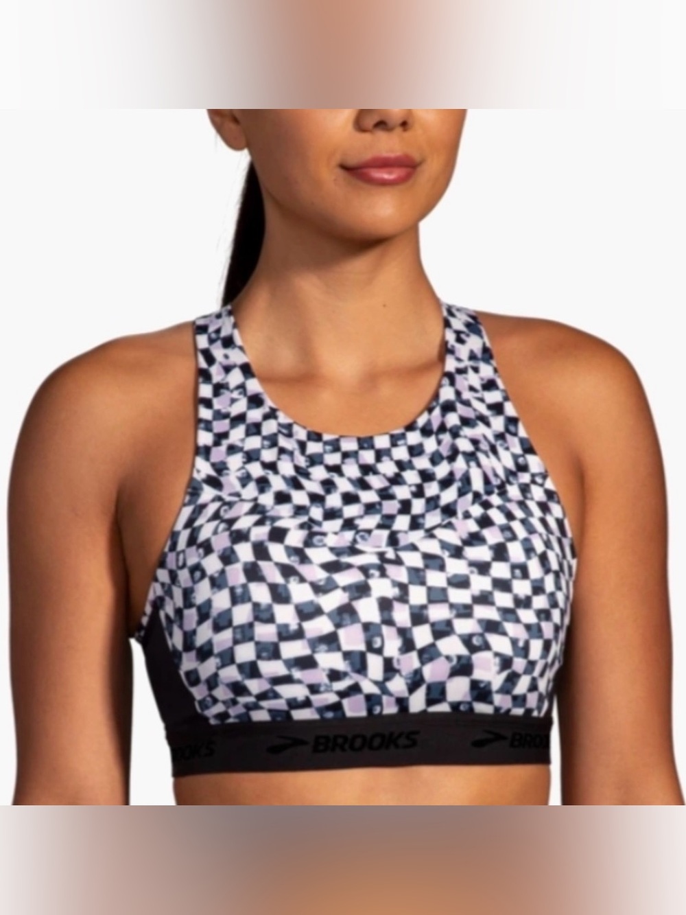 Brooks Black and White Checkered High-Neck Sports Bra